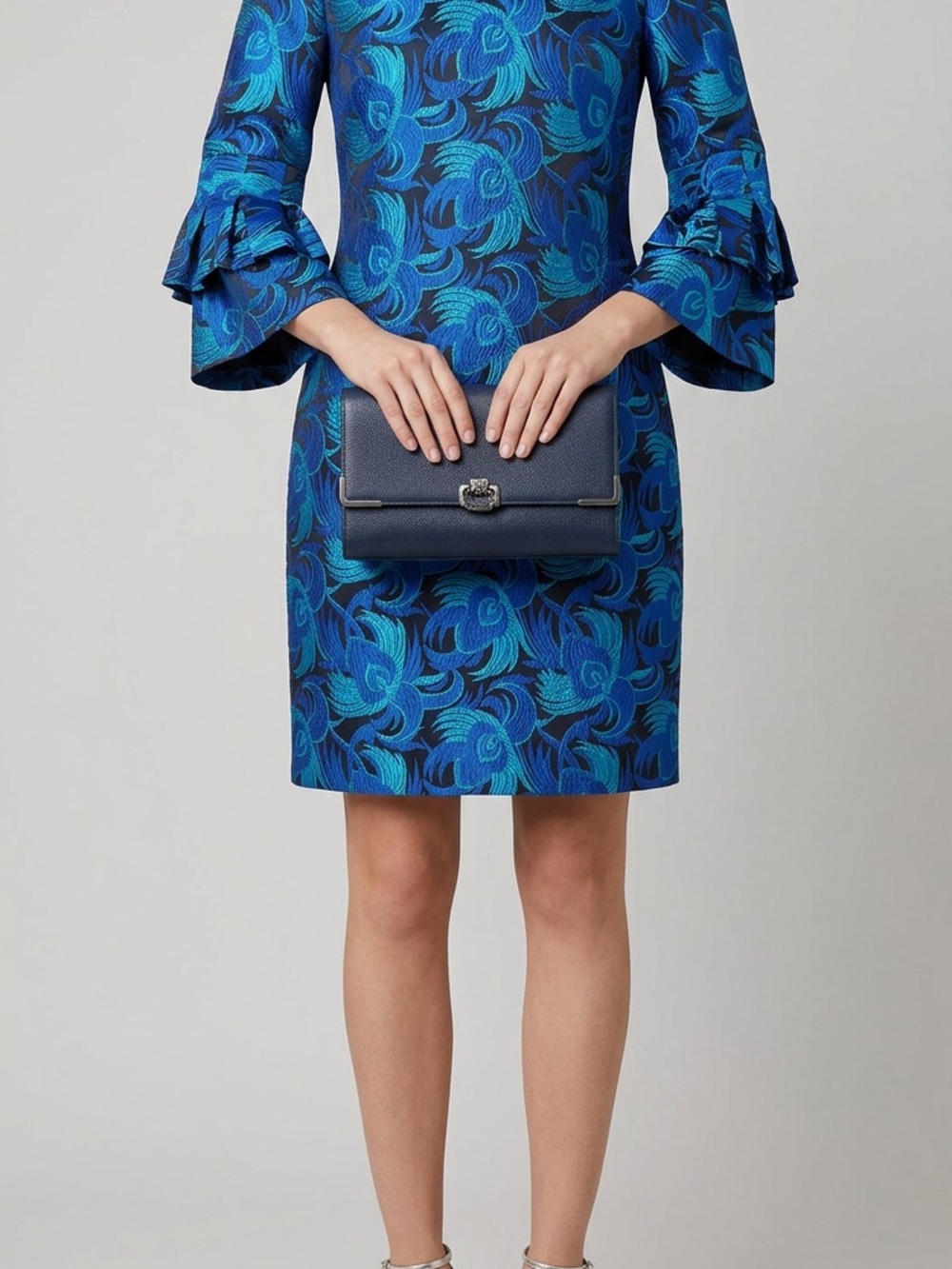 Badgley Mischka Blue and Teal Floral Jacquard Maxi Dress